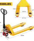 Heavy Duty Manual Pallet Jack Built Different For Tough Tasks Featuring Rock Solid 5500 Pound Capacity and slick hydraulics dimensions 62.6in long.