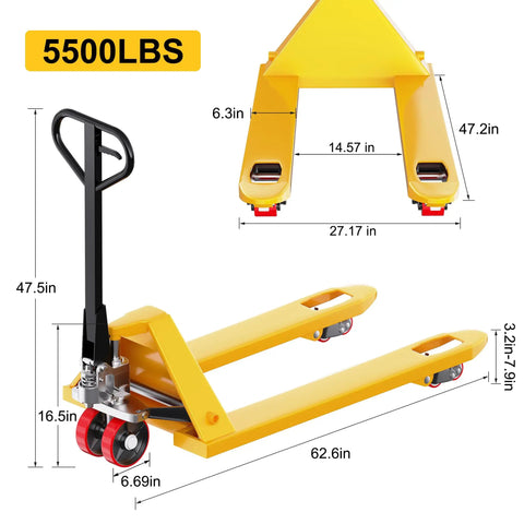 Heavy Duty Manual Pallet Jack Built Different For Tough Tasks Featuring Rock Solid 5500 Pound Capacity and slick hydraulics dimensions 62.6in long.