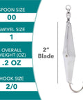 Five Pack Spoon Squid Precision Fishing Spoon Lures With 2 Inch Blades Saltwater 2/0 Hooks And Size 1 Ball Bearing Swivels silver lure