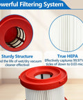 Close-up of 2 Pack 49-90-1900 Wet Dry Vacuum HEPA Filter Replacement with red trim for effective particle capture.