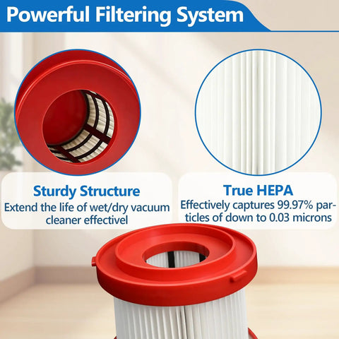 Close-up of 2 Pack 49-90-1900 Wet Dry Vacuum HEPA Filter Replacement with red trim for effective particle capture.