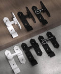 Two Pack 180 Degree Barn Door Lock With Handle, Heavy Duty Flip Gate Latch, black and white, shown on wooden surface