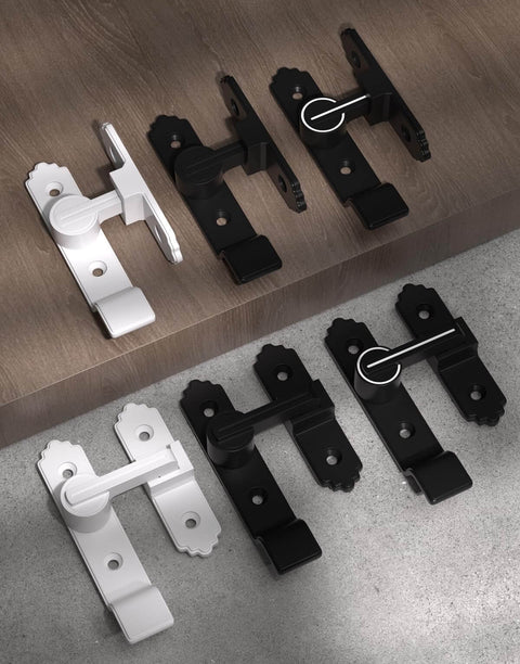 Two Pack 180 Degree Barn Door Lock With Handle, Heavy Duty Flip Gate Latch, black and white, shown on wooden surface
