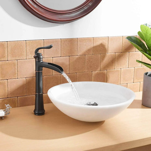 Antique Oil Rubbed Bronze Vessel Sink Faucet With Waterfall Spout Tall Single Hole Farmhouse Black Finish Pop Up Drain