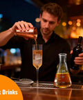 Go To Lab Erlenmeyer Flask Set With Borosilicate Glass on bar, conical flask with orange cocktail, bartender mixing drinks