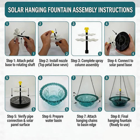 Assembly instructions for Sun Powered Hanging Bird Bath Fountain Three Layer Cascade For Outdoor Garden Yard Patio Backyard Lawn Decor Attract Hummingbirds And Small Birds With Easy Setup No Wires Or Electricity Needed