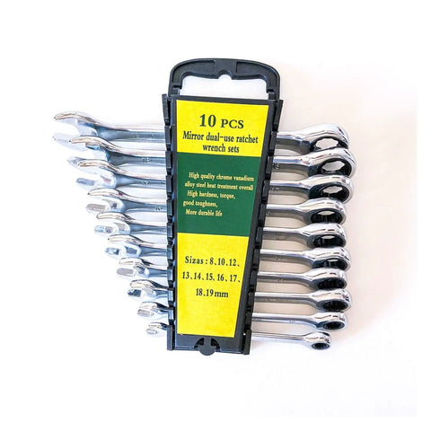 Ratcheting Spanner Set 8-19mm 10-Piece Box Wrench Kit For Car Repair Easy-Grip Ring Spanners Anti-Rust Hardened Tools