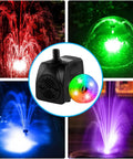 Submersible Fountain Pump 15W 800L/H With LED Lights displaying red, green, blue, and purple water effects in fountains
