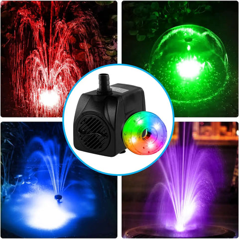 Submersible Fountain Pump 15W 800L/H With LED Lights displaying red, green, blue, and purple water effects in fountains