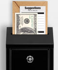 Workhorse Heavy Duty Metal Donation Box With Lock, wall-mounted, showing cash and suggestion card in slot, black steel box