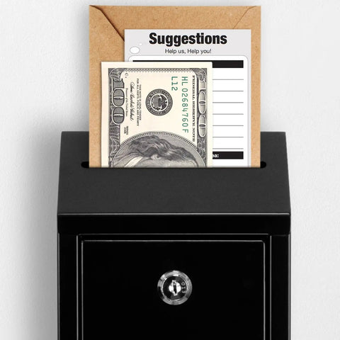 Workhorse Heavy Duty Metal Donation Box With Lock, wall-mounted, showing cash and suggestion card in slot, black steel box