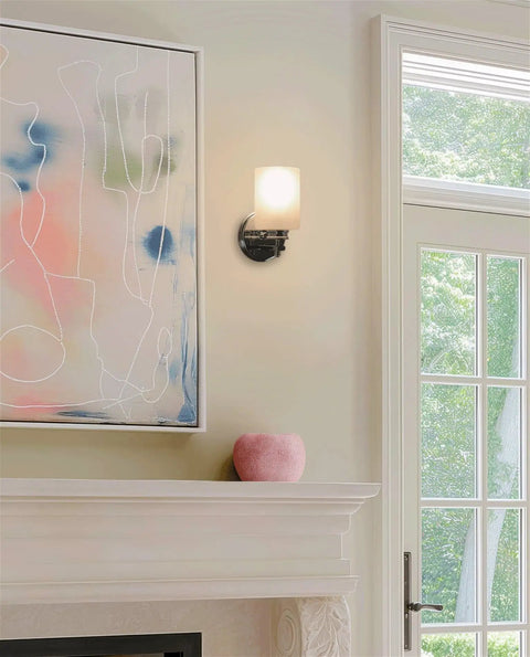 Kira Home Phoebe 8" Modern Industrial Wall Sconce for Bathroom Vanity, Pack of 2, mounted on a light wall with artwork.