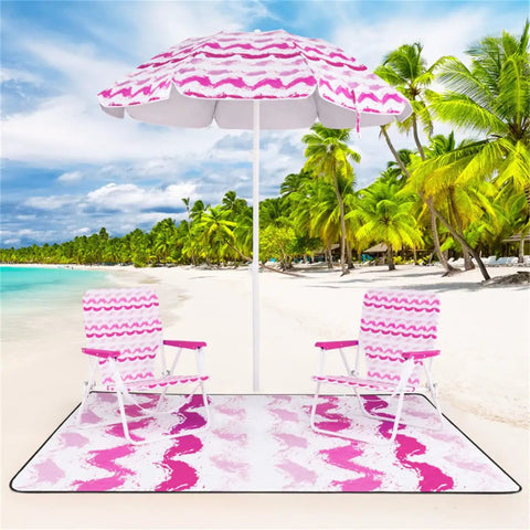Six Point Two Foot Beach Umbrella With Two Folding Chairs And Waterproof Blanket Grab And Go Pink 4 Piece Beach Set