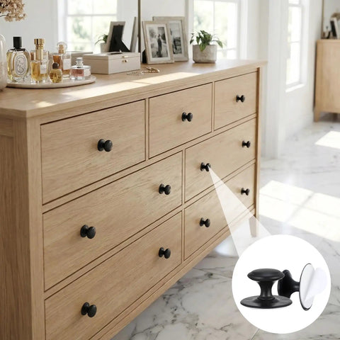 6 Pack Black Self Adhesive Cabinet Knobs No Drill Stick On Hardware Handles on wooden dresser with inset detail view