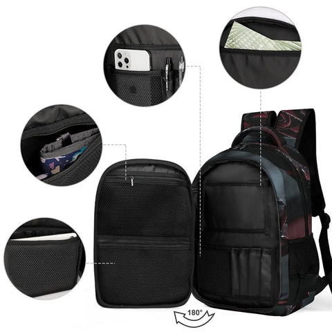 Thorny Wet Rose Printed Unisex Backpack interior with compartments for phone, pens, books; durable polyester, daily carry.