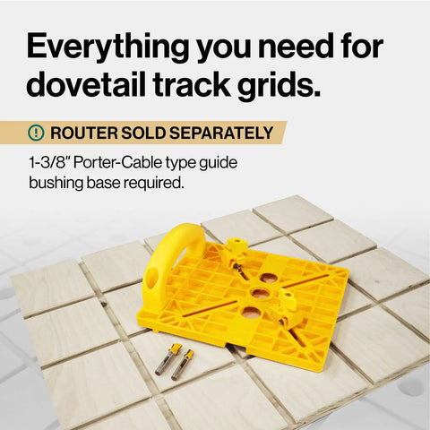 Grid Router Guide Kit for Dovetail Track Systems on wooden panels with tools, pro-grade woodworking kit