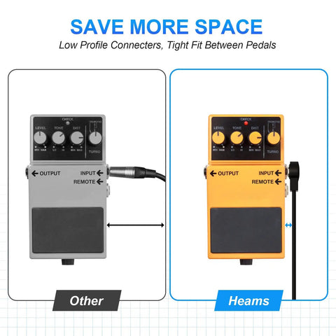 Comparison of low-profile 6 Inch Right Angle Flat Guitar Patch Cables on pedalboard, space-saving for gig setups