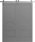 Double Barn Door Set 84 By 96 Inches With 13 Foot Silver Rail Track Grey Painted Solid Panel Interior Doors