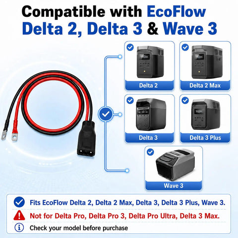Heavy Duty Fifty Amp Extension Cable Eight Awg Connector Compatible With Ecoflow Delta Two Three Power Banks And Wave Three Portable Ac Units, shown with compatible power banks.