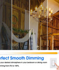 Dimming effect demonstration of 12 Pack Dimmable LED Candelabra Bulbs, CA11 Shape, 60W equivalent, in a wooden interior with chandelier.