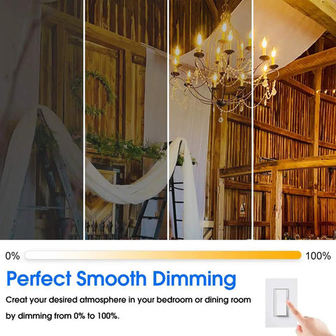 Dimming effect demonstration of 12 Pack Dimmable LED Candelabra Bulbs, CA11 Shape, 60W equivalent, in a wooden interior with chandelier.