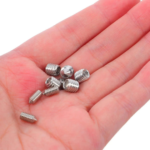 Stainless Steel Hex Socket Set Screws 40 Piece Cone Point M5x8mm M6x8mm Allen Head Hardware For Bathroom Towel Bar Mounting Easy Install Kit With Versatile Applications, assorted sizes in hand