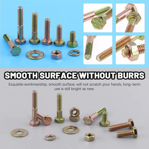 Rock Solid Hex Bolt And Nut Assortment Kit With Grade 8 Coarse Thread fasteners, zinc plated, showing bolts, nuts, and washers.