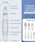 Pro Gear Electric Nail File Kit With Five Speed Settings And Bright Led Light, includes cordless design and detailed control buttons.