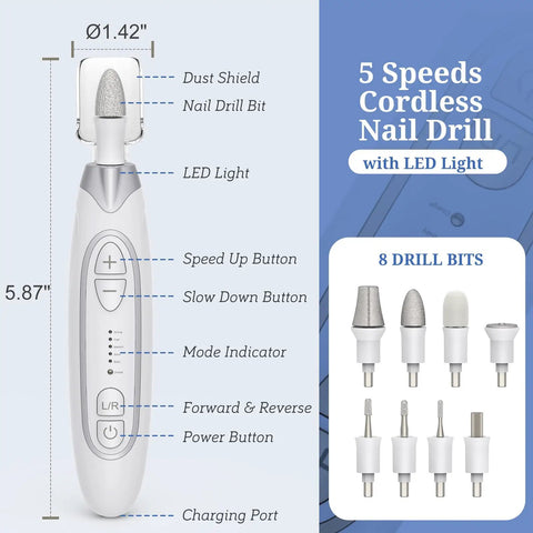 Pro Gear Electric Nail File Kit With Five Speed Settings And Bright Led Light, includes cordless design and detailed control buttons.