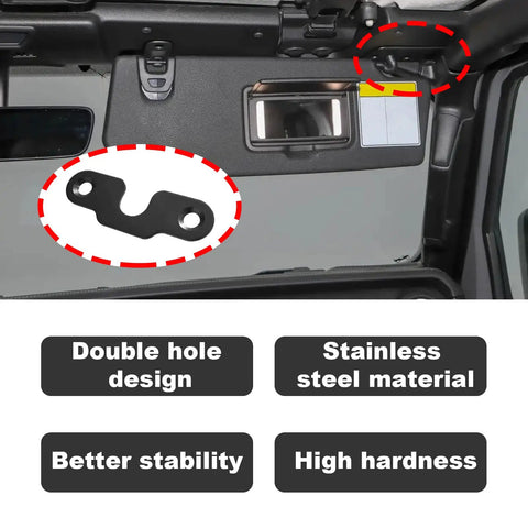 Sun Visor Repair Kit Left And Right Mounting Clips For Jeep Wrangler JK 2018 To 2022 And Gladiator 2020 To 2022 shown installed.