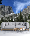 Rocky Mountains Hiking Wallpaper Peel And Stick Self Adhesive Removable Wall Mural For Living Room And Bedroom 100 Inch By 144 Inch Waterproof PVC Dope Backdrop featuring a scenic mountain view and sofa