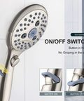 Rainfall Shower System With 7-Setting Handheld, Brushed Nickel Finish, On-Off Switch Detail, Spa Like Shower Experience