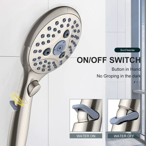Rainfall Shower System With 7-Setting Handheld, Brushed Nickel Finish, On-Off Switch Detail, Spa Like Shower Experience