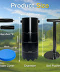 Portable Golf Hole Cutter With Detachable Handle, Stainless Steel Hole Digger chamber and parts displayed with dimensions