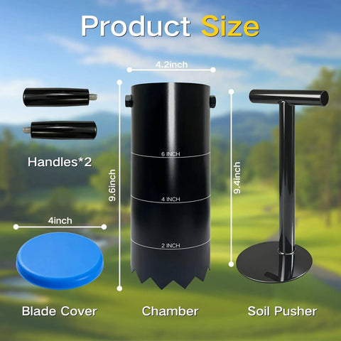 Portable Golf Hole Cutter With Detachable Handle, Stainless Steel Hole Digger chamber and parts displayed with dimensions