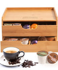 No-Fuss All-In-One Bamboo Drawer Organizer For Keurig K Cup Pods And Tea Bags With Adjustable Dividers shown with coffee cup