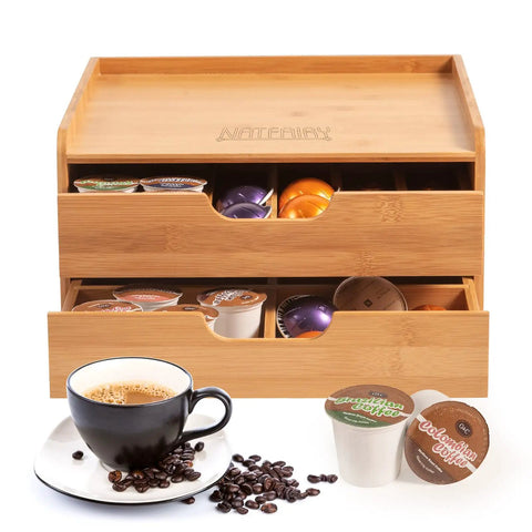 No-Fuss All-In-One Bamboo Drawer Organizer For Keurig K Cup Pods And Tea Bags With Adjustable Dividers shown with coffee cup