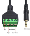 Heavy Duty 3.5mm Speaker Wire Adapter With TRRS Male Plug To AV Four Pin Screw Terminal, showcasing connector details.