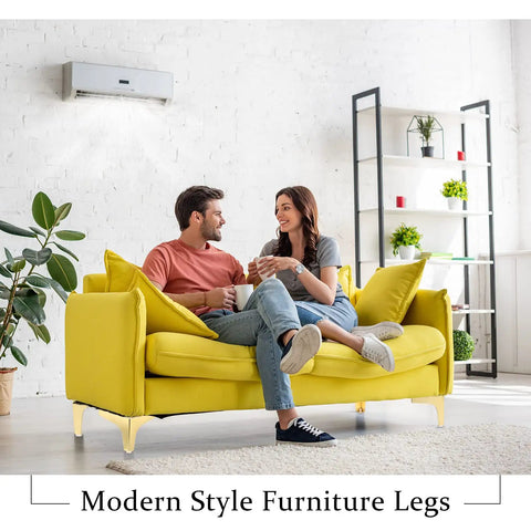 Gold 4 Inch Metal Furniture Leg Set 12 Pack Replacement Feet For Table Cabinet Sofa Dresser Couch Cupboard Chairs Ottoman Includes 48 Screws And Triangle Mount shown on yellow sofa in modern living room