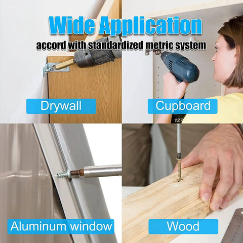 Wide application of Bad Boys Self Drilling Screws Assortment Kit Packing 404 Pieces Of Tough Stainless Steel Tapping Fasteners in drywall, wood, and aluminum.