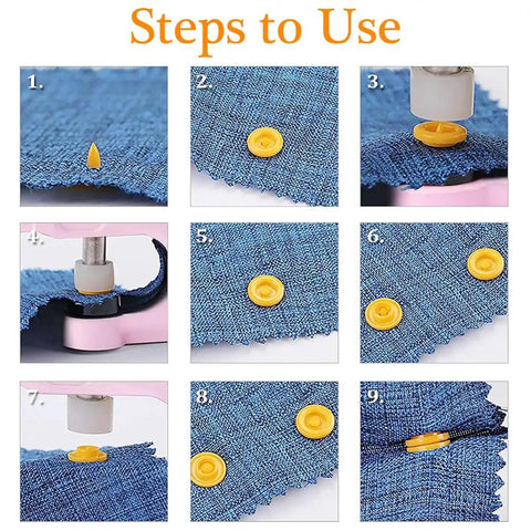 Steps to use the Premium Pink Snap Button Kit With Heavy Duty Aluminum Pliers And Full Die Set Including Resin Metal Snaps.
