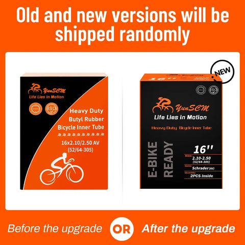 Packaging of Two-Pack Tough As Nails Heavy Duty Bike Inner Tubes 16x2.10/2.50 With AV32mm Schrader Valve Fits 16x2.10 To 16x2.50 52/64-305 Compatible With 16x2.125 16x2.25 16x2.40 in old and new designs, displaying product features