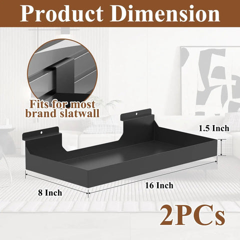 Heavy Duty Slatwall Shelves 16x8 Inches Set of 2 Black Metal Slat Wall Shelves with dimensions and slat wall compatibility
