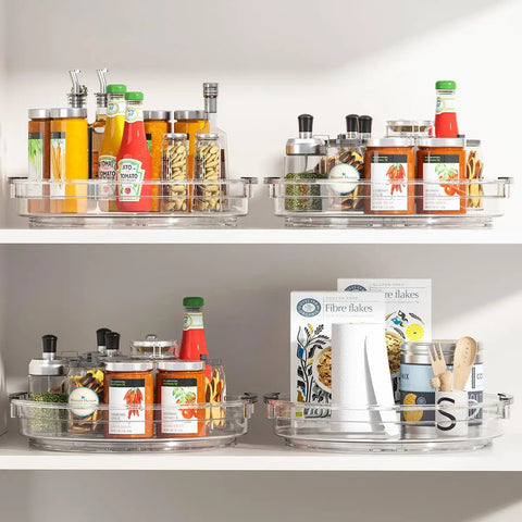Three Pack Lazy Susan Turntable Organizer For Kitchen Storage Rotating Spice Rack Clear Acrylic 9.25, 10.6, 12 Inches on shelf