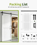 Packing list for White Interior Sliding Barn Door 38 By 84 Inches With Heavy Duty Track Smooth Glide Rollers in closet setting.