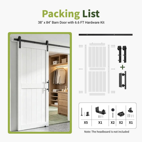 Packing list for White Interior Sliding Barn Door 38 By 84 Inches With Heavy Duty Track Smooth Glide Rollers in closet setting.