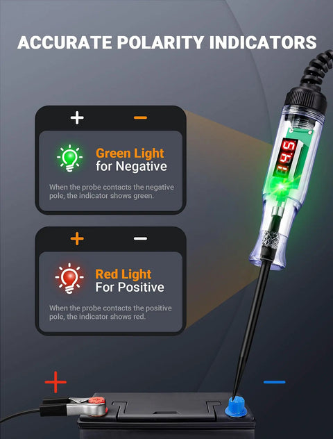 Rugged Pro Grade Automotive Test Light Circuit Tester showing green and red polarity indicators with digital voltmeter