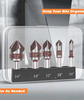 Amazon 5-piece countersink bit set, HSS 82-degree, hex shank, 1/4–3/4 in, for wood/metal/plastic, in organizer tray