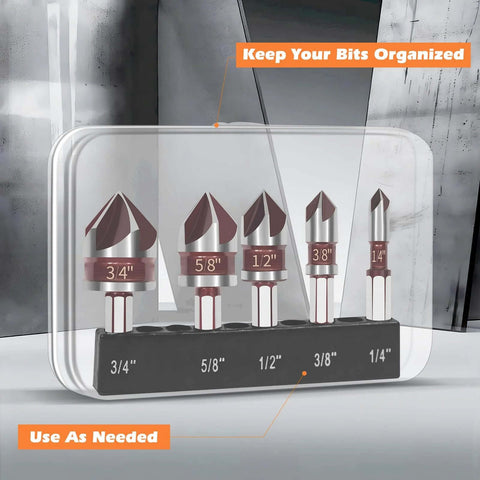 Amazon 5-piece countersink bit set, HSS 82-degree, hex shank, 1/4–3/4 in, for wood/metal/plastic, in organizer tray