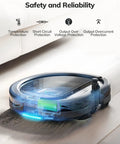 Top Shelf Heavy Duty 14.4V 3200mAh Replacement Battery Fits Like A Charm For Eufy RoboVac And Ecovacs Deebot Robot Vacuums showing safety features.